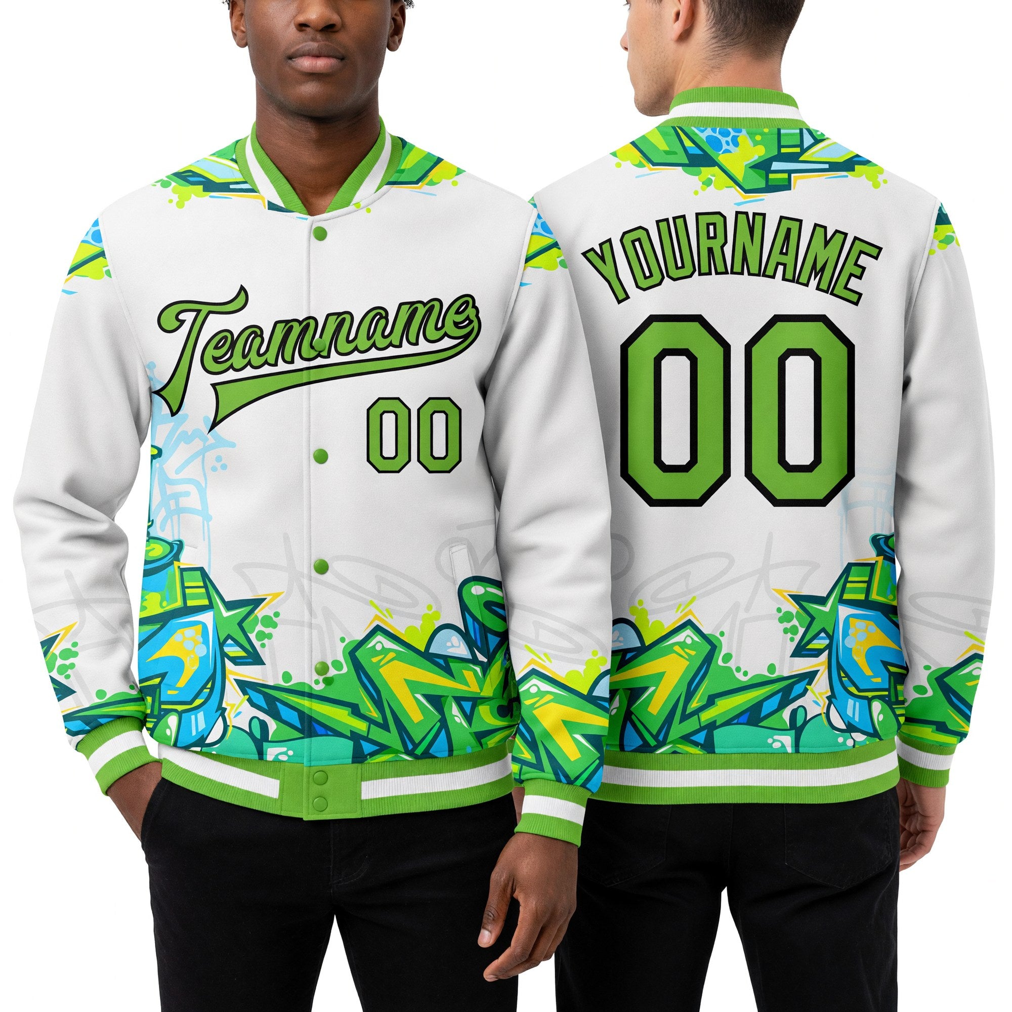 Custom Graffiti Pattern Neon Green-Black Trendy Abstract Urban Street Art 3D Bomber Full-Snap Varsity Letterman Jacket worn front and back