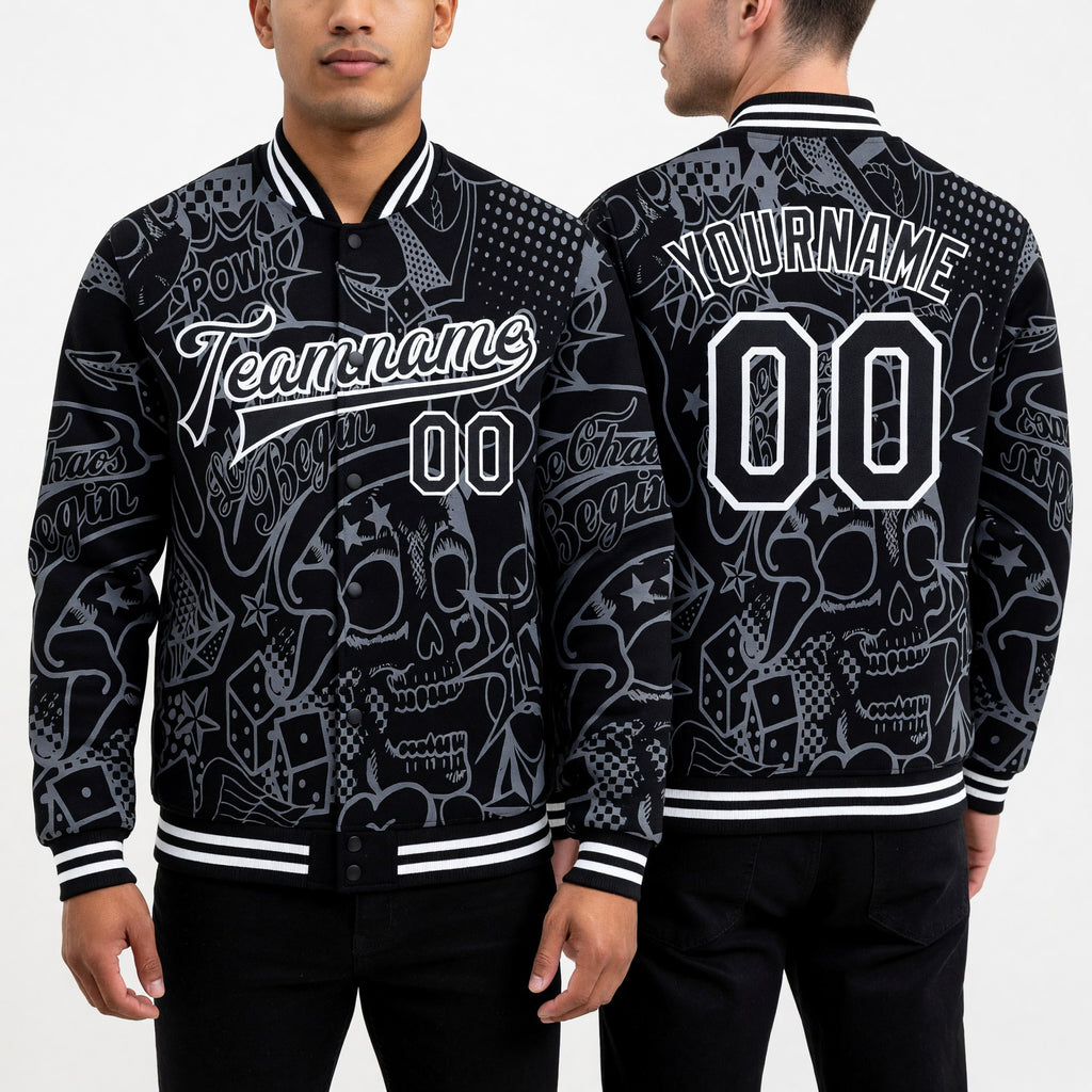 Custom Graffiti Pattern Black-White Skull Fashion 3D Bomber Full-Snap Varsity Letterman Jacket worn front and back