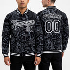Custom Graffiti Pattern Black-White Skull Fashion 3D Bomber Full-Snap Varsity Letterman Jacket worn front and back