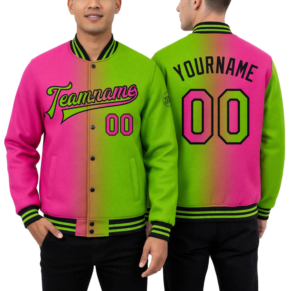Custom Neon Green Pink-Black Bomber Full-Snap Varsity Letterman Gradient Fashion Jacket worn front and back