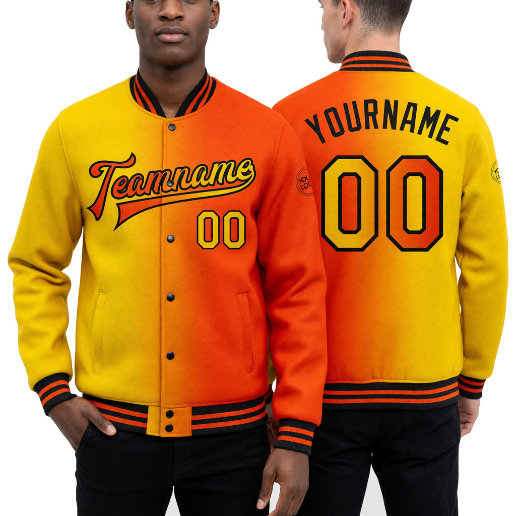 Custom Orange Yellow-Black Bomber Full-Snap Varsity Letterman Gradient Fashion Jacket worn front and back