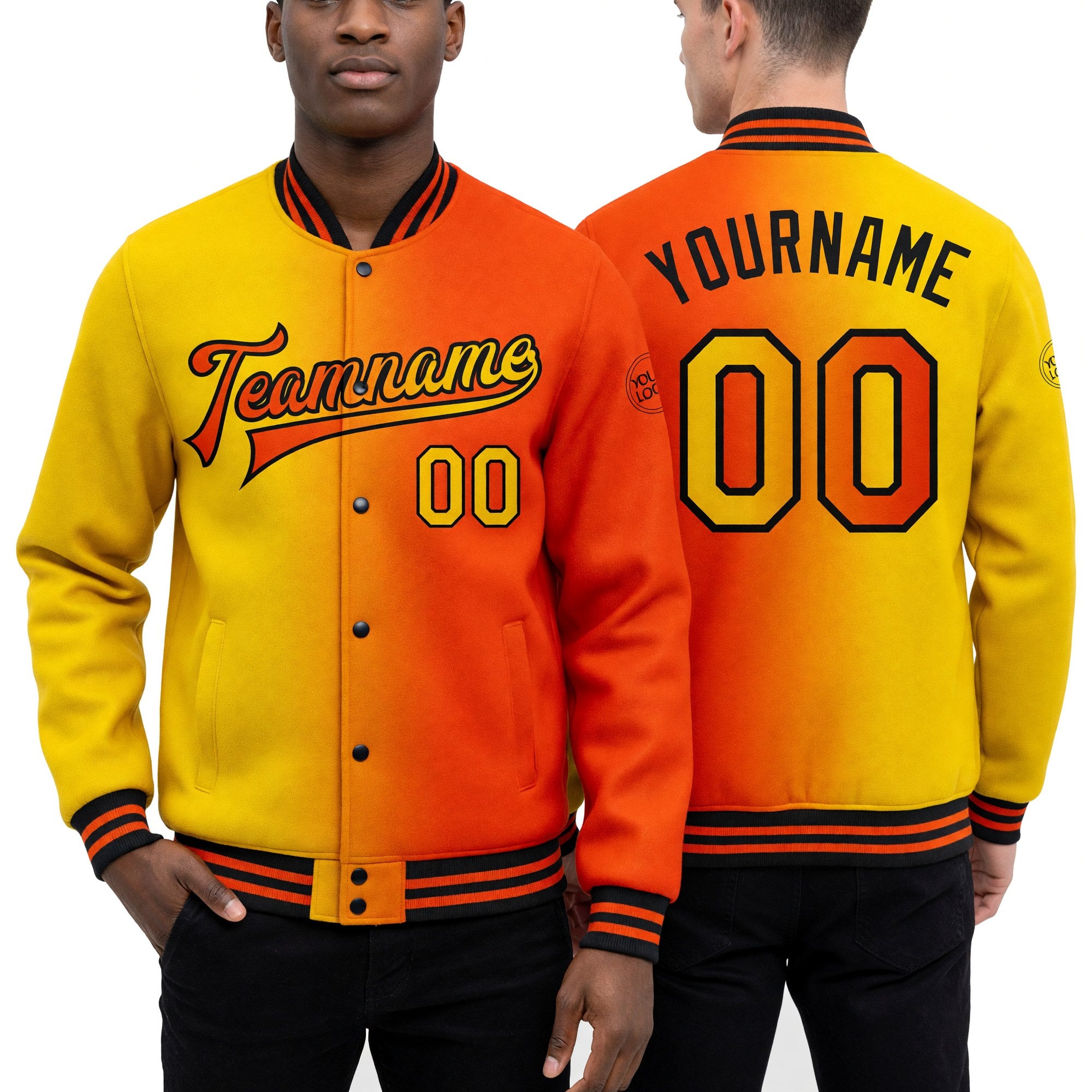 Custom Orange Yellow-Black Bomber Full-Snap Varsity Letterman Gradient Fashion Jacket worn front and back
