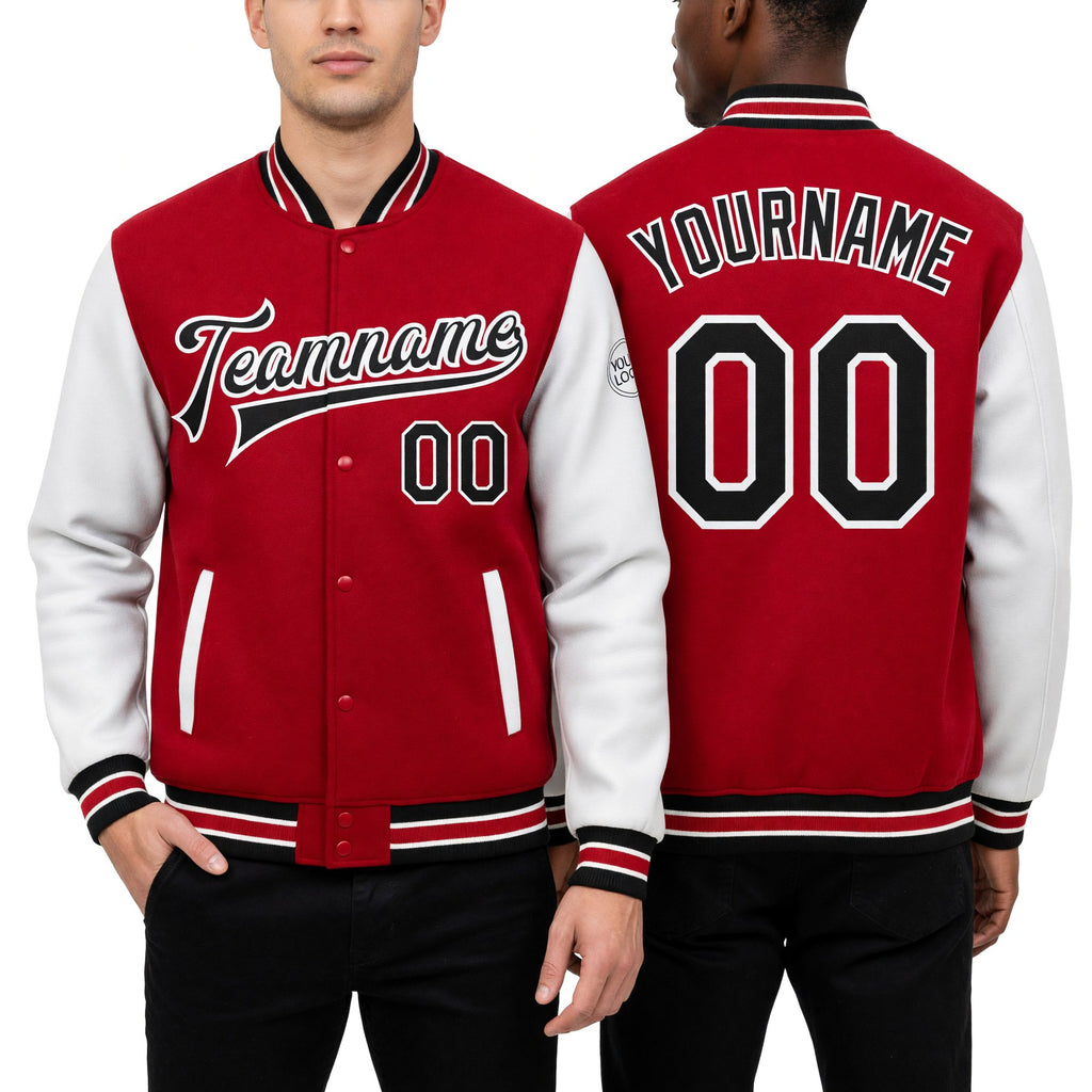 Custom Red Black-White Bomber Full-Snap Varsity Letterman Two Tone Jacket worn front and back