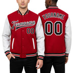 Custom Red Black-White Bomber Full-Snap Varsity Letterman Two Tone Jacket worn front and back