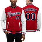 Custom Red Navy-White Bomber Full-Snap Varsity Letterman Two Tone Jacket worn front and back