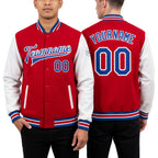 Custom Red Royal-White Bomber Full-Snap Varsity Letterman Two Tone Jacket worn front and back