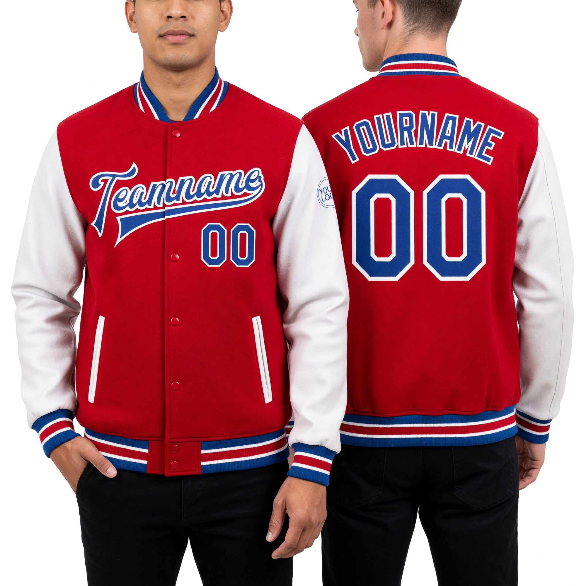 Custom Red Royal-White Bomber Full-Snap Varsity Letterman Two Tone Jacket worn front and back