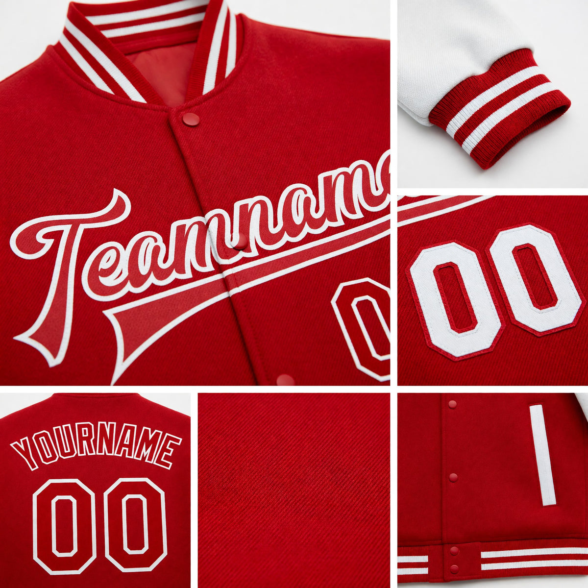 Custom Red White Bomber Full-Snap Varsity Letterman Two Tone Jacket detail
