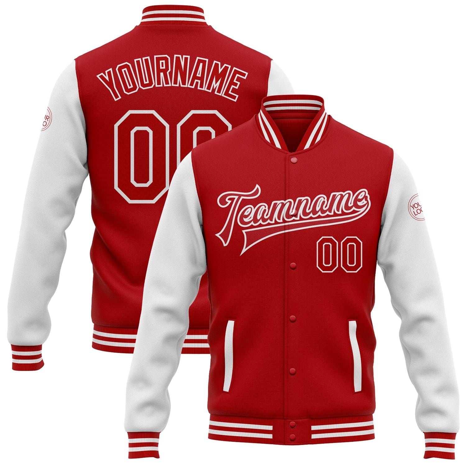 Custom Red White Bomber Full-Snap Varsity Letterman Two Tone Jacket photo 1