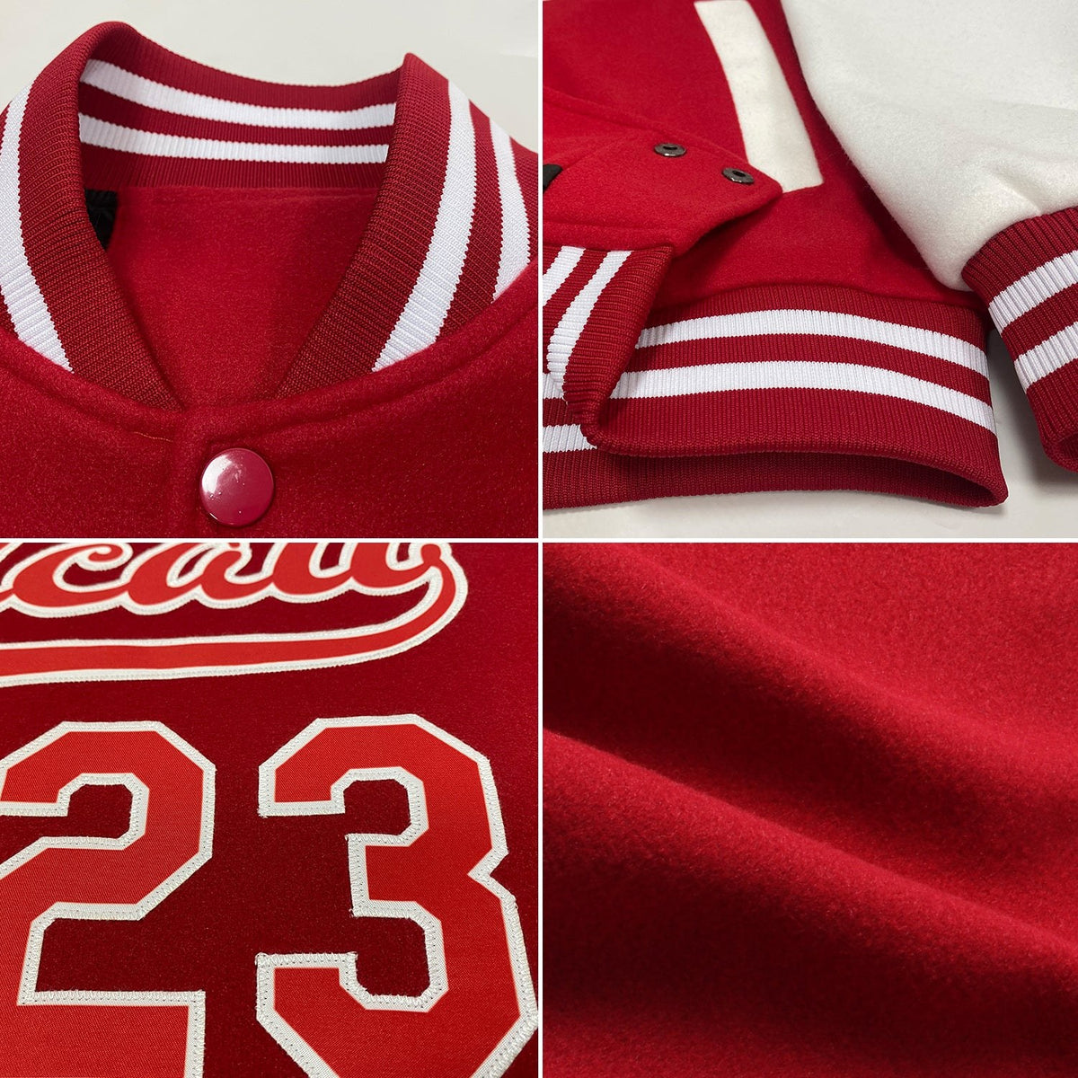 Custom Red White Bomber Full-Snap Varsity Letterman Two Tone Jacket photo 4