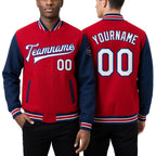 Custom Red White-Royal Bomber Full-Snap Varsity Letterman Two Tone Jacket worn front and back