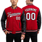 Custom Red White-Black Bomber Full-Snap Varsity Letterman Two Tone Jacket worn front and back