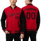 Custom Red Black Bomber Full-Snap Varsity Letterman Two Tone Jacket worn front and back