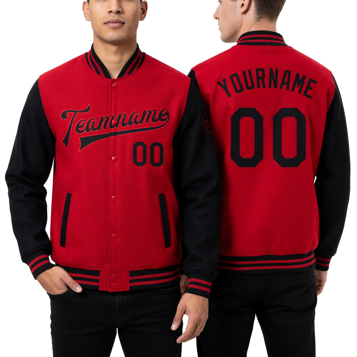 Custom Red Black Bomber Full-Snap Varsity Letterman Two Tone Jacket worn front and back