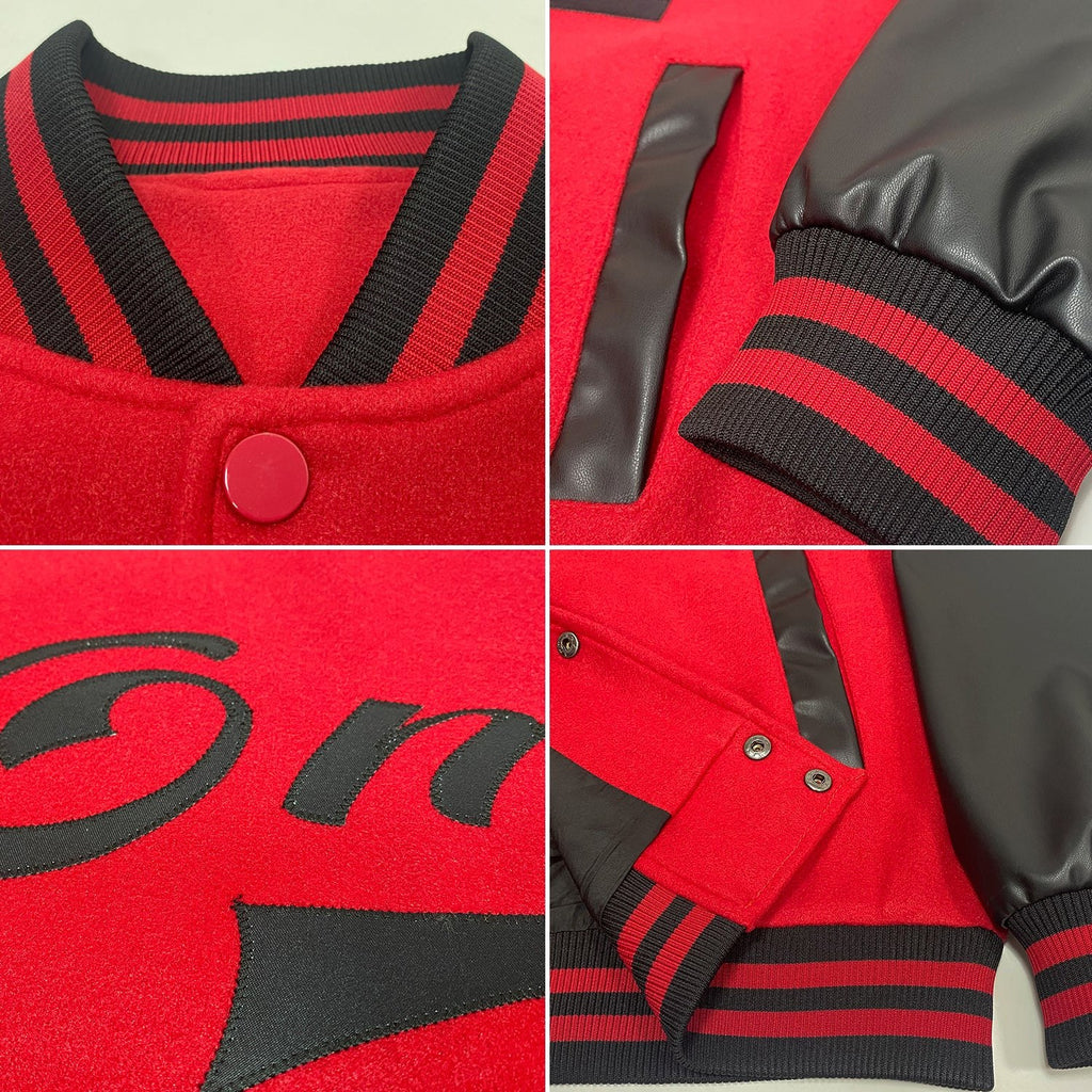 Custom Red Black Bomber Full-Snap Varsity Letterman Two Tone Jacket photo 4