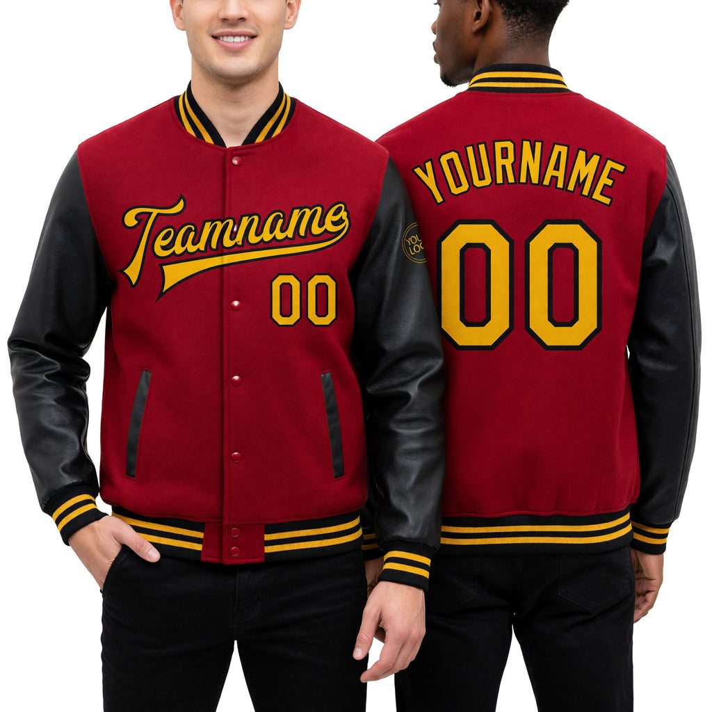 Custom Red Gold-Black Bomber Full-Snap Varsity Letterman Two Tone Jacket worn front and back