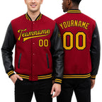 Custom Red Gold-Black Bomber Full-Snap Varsity Letterman Two Tone Jacket worn front and back