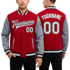 Custom Red White Black-Gray Bomber Full-Snap Varsity Letterman Two Tone Jacket worn front and back