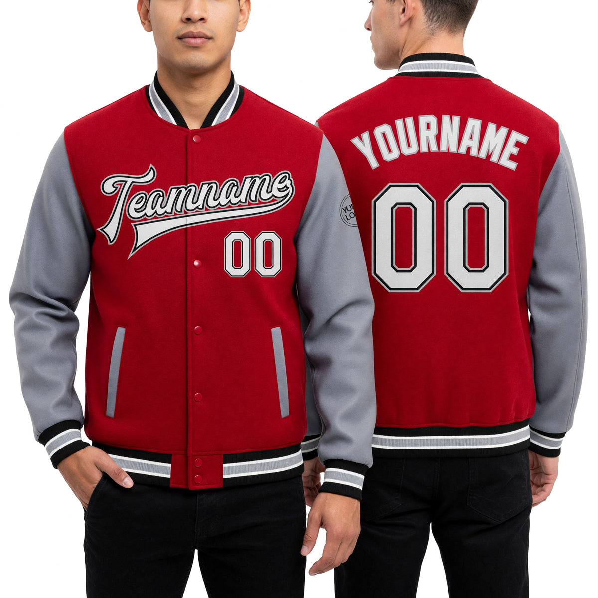 Custom Red White Black-Gray Bomber Full-Snap Varsity Letterman Two Tone Jacket worn front and back