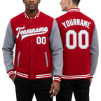 Custom Red White-Gray Bomber Full-Snap Varsity Letterman Two Tone Jacket worn front and back