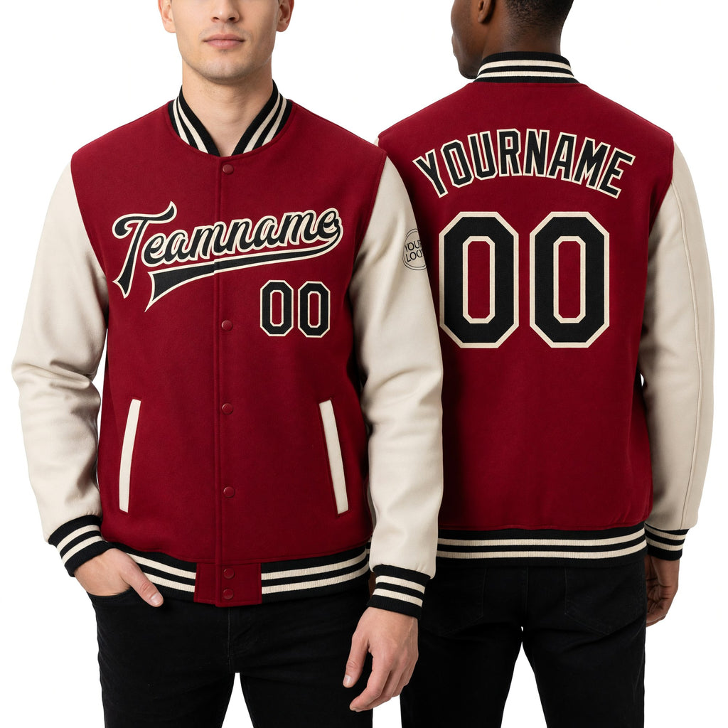 Custom Red Black-Cream Bomber Full-Snap Varsity Letterman Two Tone Jacket worn front and back