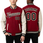 Custom Red Black-Cream Bomber Full-Snap Varsity Letterman Two Tone Jacket worn front and back