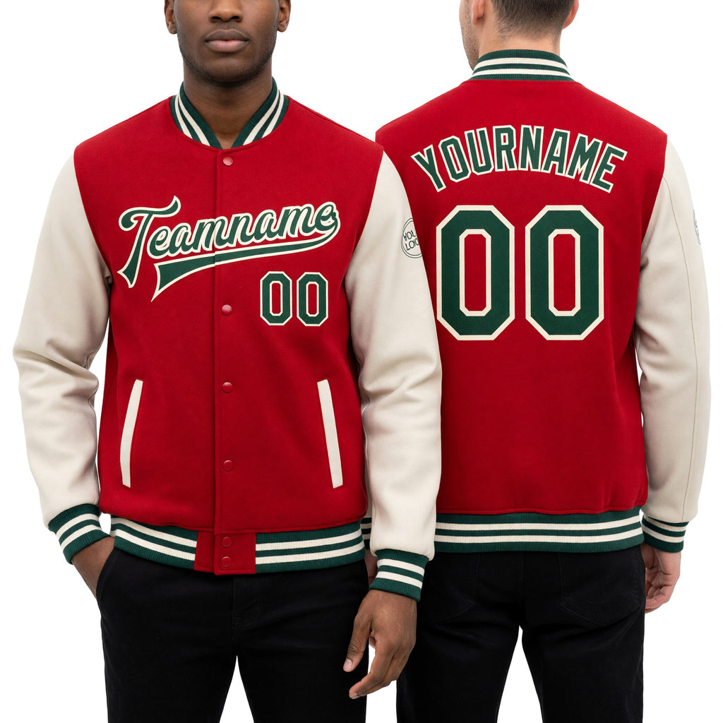 Custom Red Green-Cream Bomber Full-Snap Varsity Letterman Two Tone Jacket worn front and back
