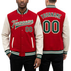 Custom Red Green-Cream Bomber Full-Snap Varsity Letterman Two Tone Jacket worn front and back