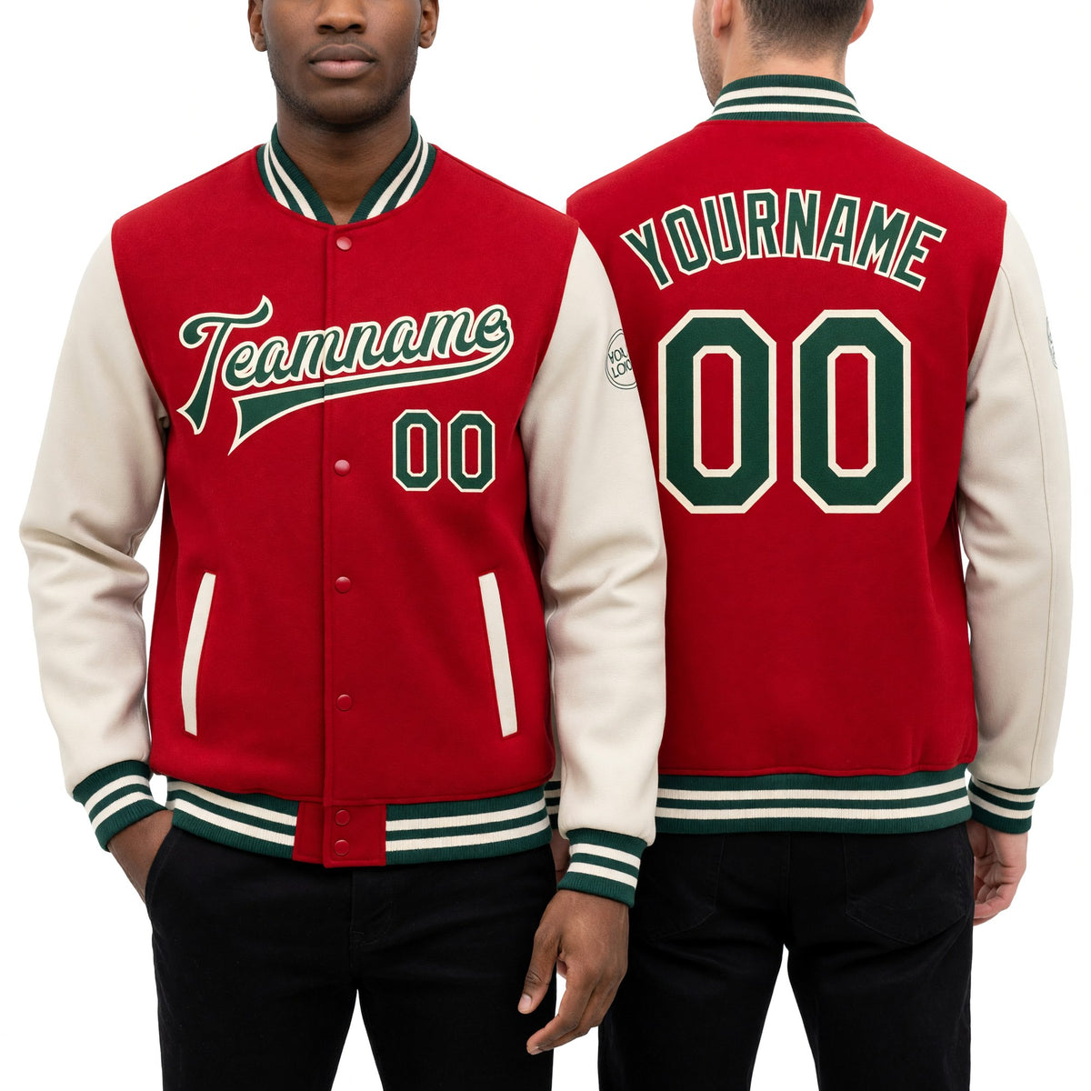 Custom Red Green-Cream Bomber Full-Snap Varsity Letterman Two Tone Jacket worn front and back