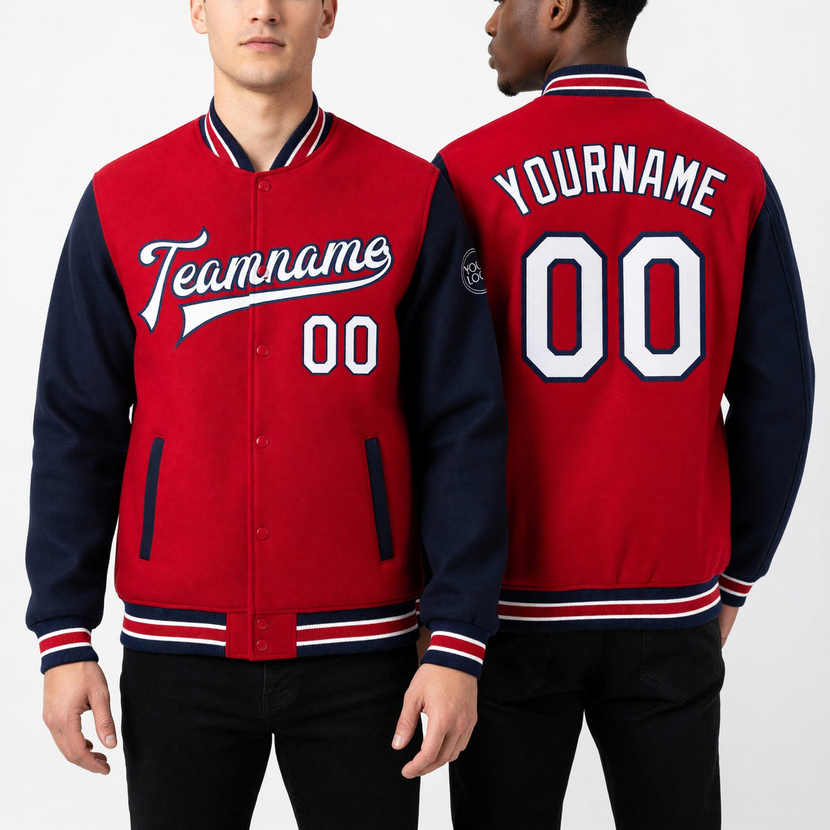 Custom Red White-Navy Bomber Full-Snap Varsity Letterman Two Tone Jacket worn front and back
