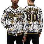 Custom Graffiti Pattern Black-Old Gold Grunge Urban Street Art 3D Bomber Full-Snap Varsity Letterman Jacket worn front and back