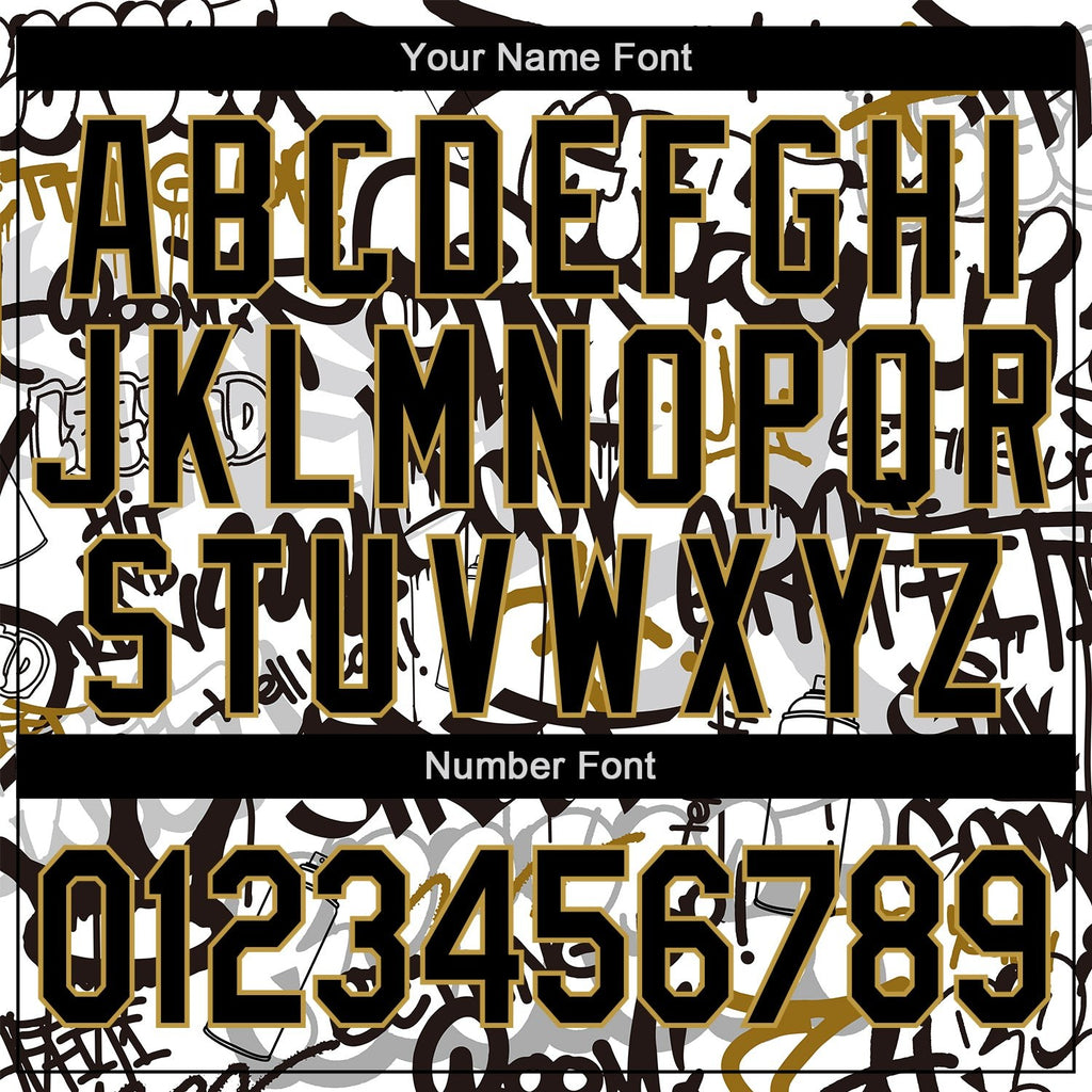 Custom Graffiti Pattern Black-Old Gold Grunge Urban Street Art 3D Bomber Full-Snap Varsity Letterman Jacket photo 6