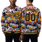 Custom Graffiti Pattern Black-Gold Grunge Urban Street Art 3D Bomber Full-Snap Varsity Letterman Jacket worn front and back