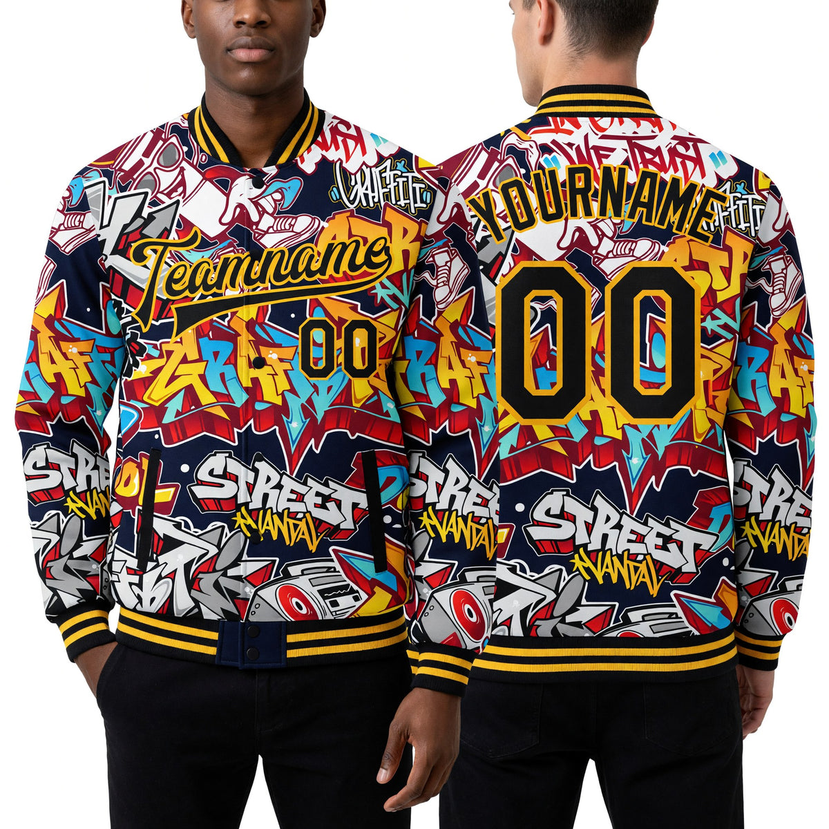 Custom Graffiti Pattern Black-Gold Grunge Urban Street Art 3D Bomber Full-Snap Varsity Letterman Jacket worn front and back