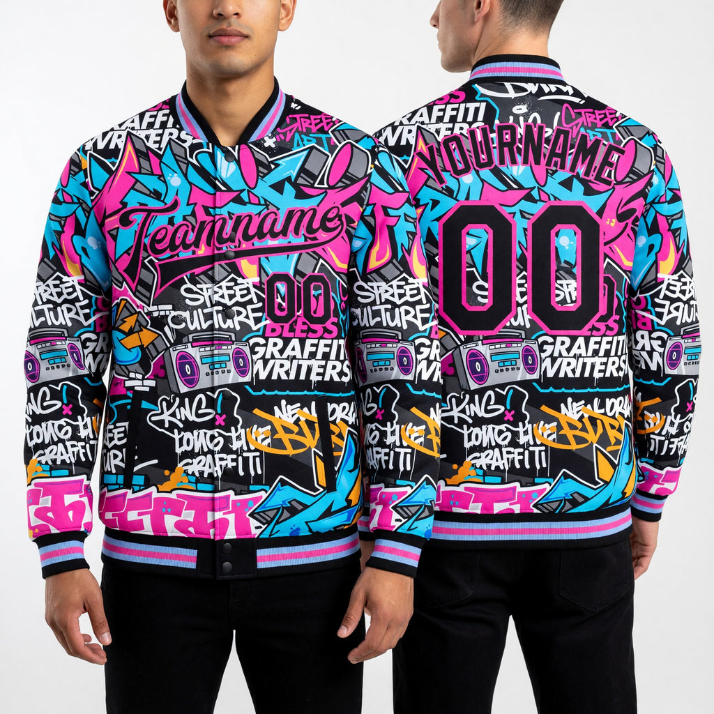 Custom Graffiti Pattern Black Pink Grunge Urban Street Art 3D Bomber Full-Snap Varsity Letterman Jacket worn front and back