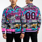 Custom Graffiti Pattern Black Pink Grunge Urban Street Art 3D Bomber Full-Snap Varsity Letterman Jacket worn front and back