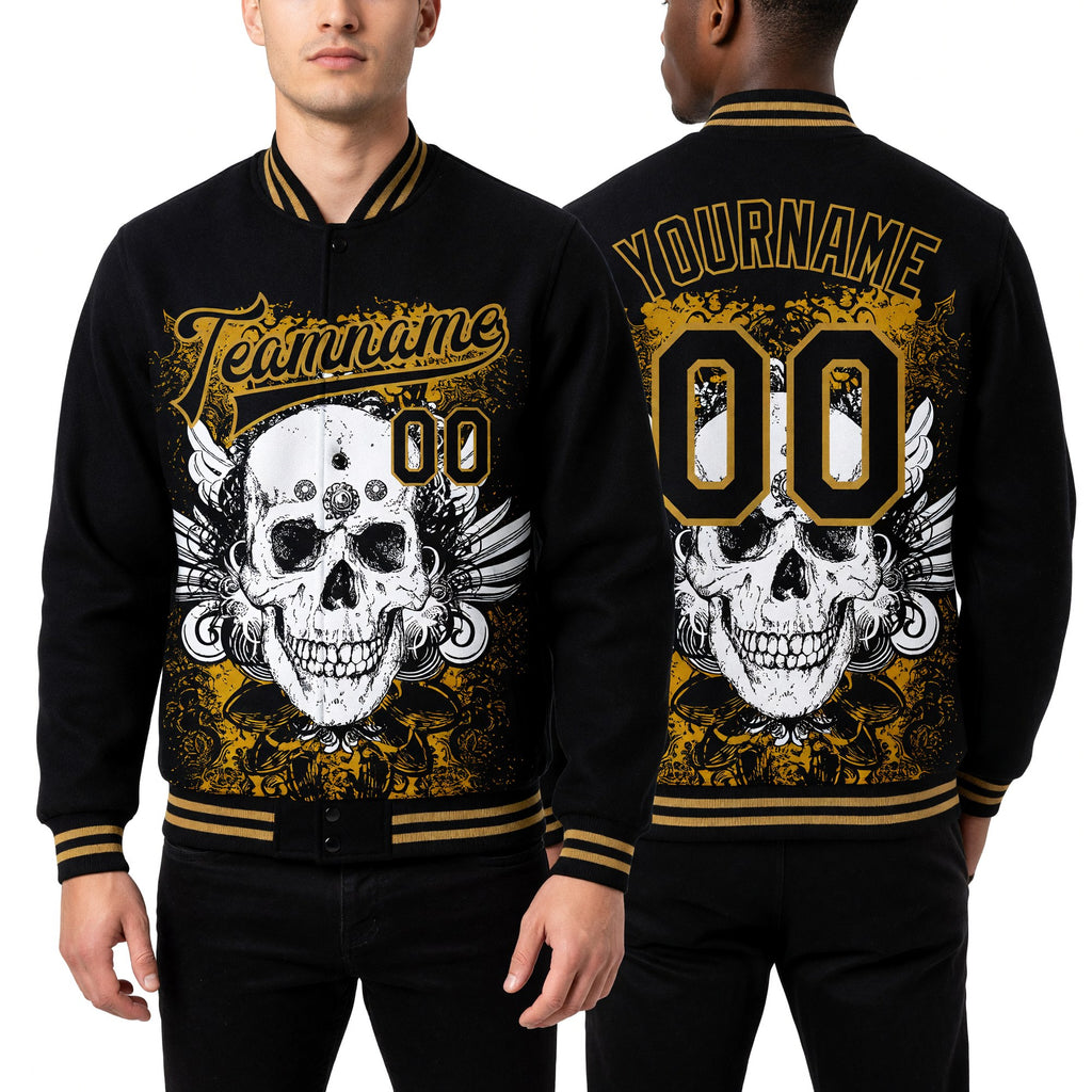 Custom Black Old Gold Skull With Wing 3D Bomber Full-Snap Varsity Letterman Jacket worn front and back