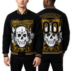 Custom Black Old Gold Skull With Wing 3D Bomber Full-Snap Varsity Letterman Jacket worn front and back
