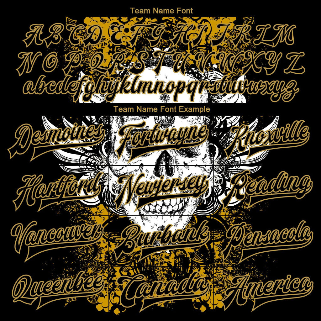 Custom Black Old Gold Skull With Wing 3D Bomber Full-Snap Varsity Letterman Jacket photo 5