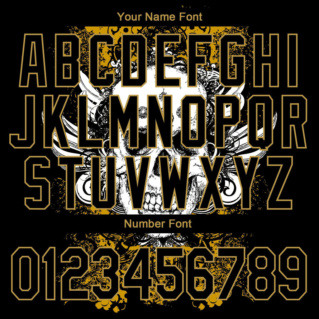 Custom Black Old Gold Skull With Wing 3D Bomber Full-Snap Varsity Letterman Jacket photo 6