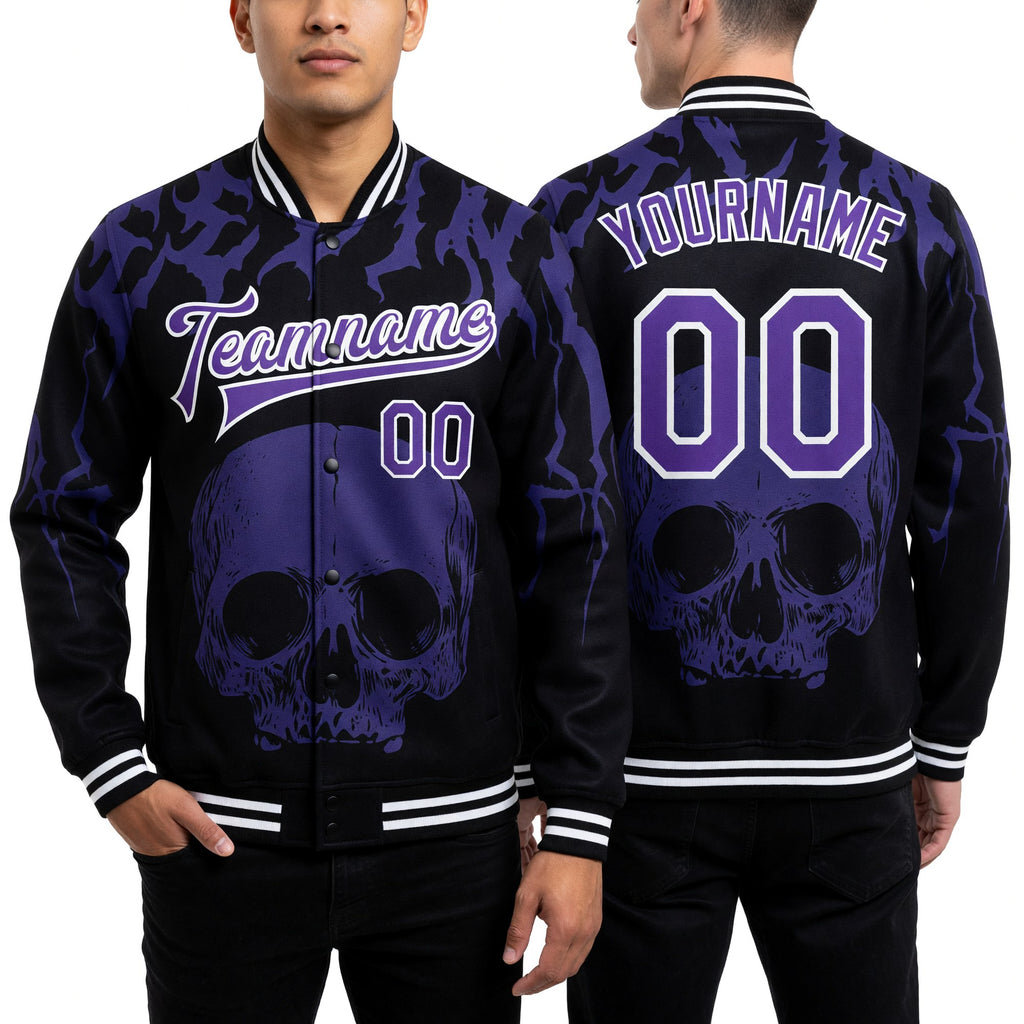 Custom Black Purple-White Skull Fashion 3D Bomber Full-Snap Varsity Letterman Jacket worn front and back