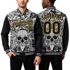 Custom Gray Black-Old Gold Skull With Feather 3D Bomber Full-Snap Varsity Letterman Two Tone Jacket worn front and back