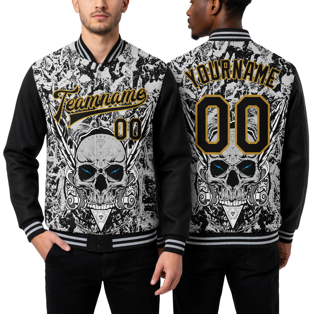 Custom Gray Black-Old Gold Skull With Feather 3D Bomber Full-Snap Varsity Letterman Two Tone Jacket worn front and back