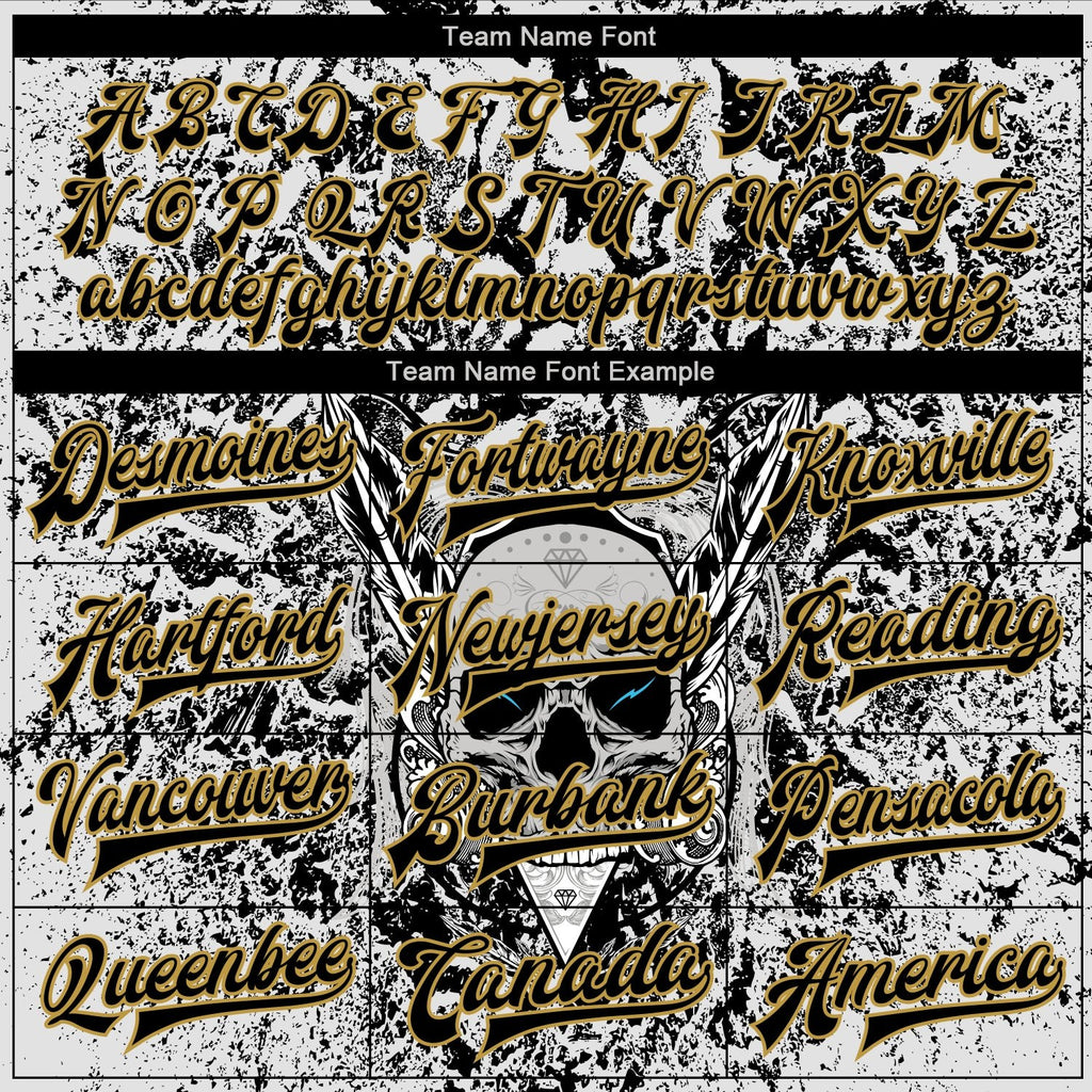 Custom Gray Black-Old Gold Skull With Feather 3D Bomber Full-Snap Varsity Letterman Two Tone Jacket photo 5