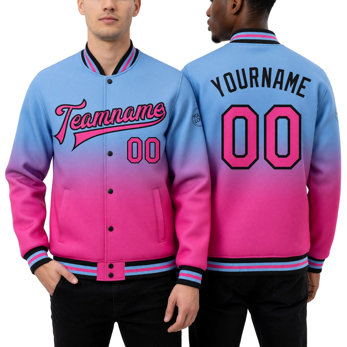 Custom Light Blue Pink-Black Bomber Full-Snap Varsity Letterman Fade Fashion Jacket worn front and back