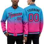 Custom Sky Blue Pink-Black Bomber Full-Snap Varsity Letterman Fade Fashion Jacket worn front and back
