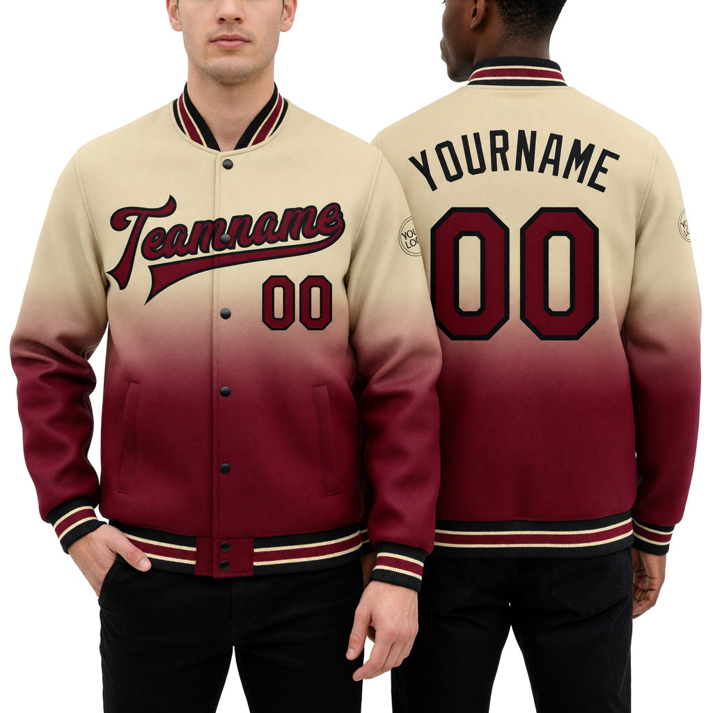 Custom City Cream Crimson-Black Bomber Full-Snap Varsity Letterman Fade Fashion Jacket worn front and back