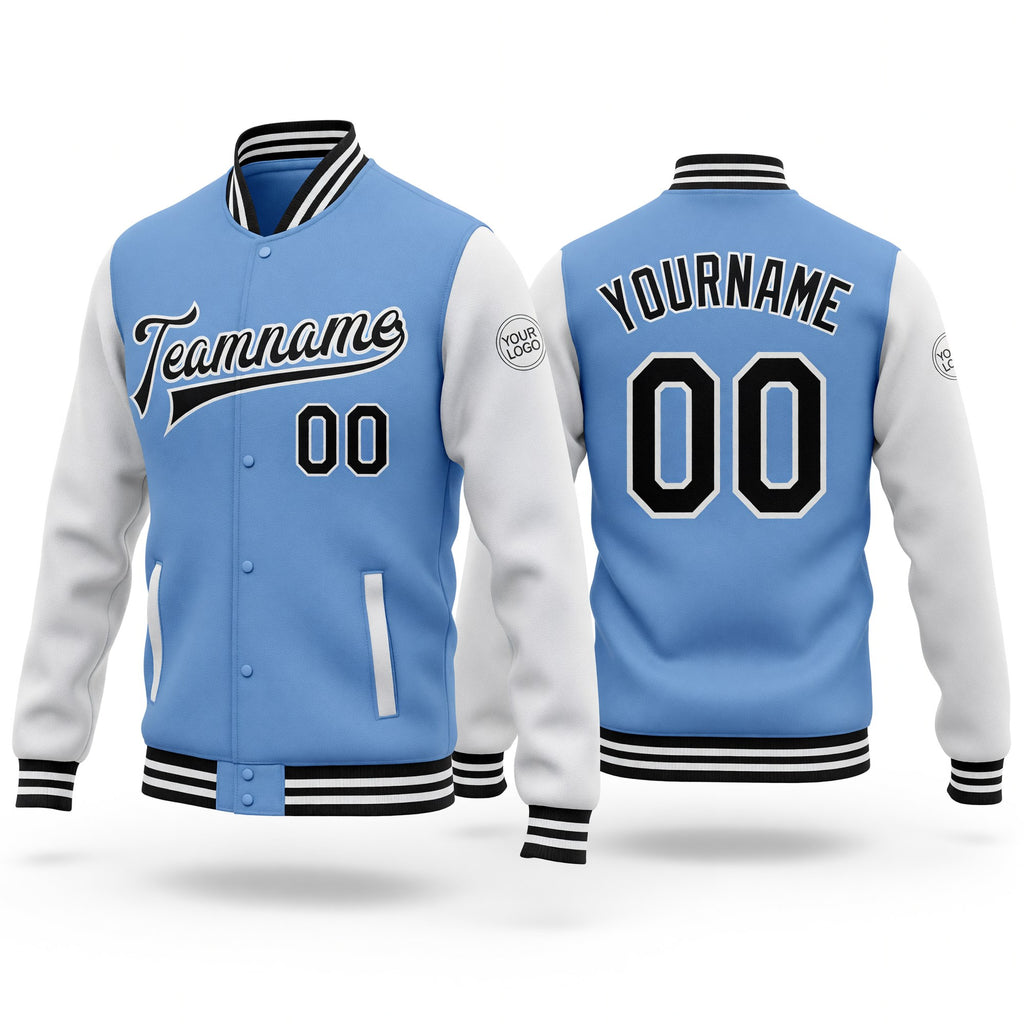 Custom Light Blue Black-White Bomber Full-Snap Varsity Letterman Two Tone Jacket