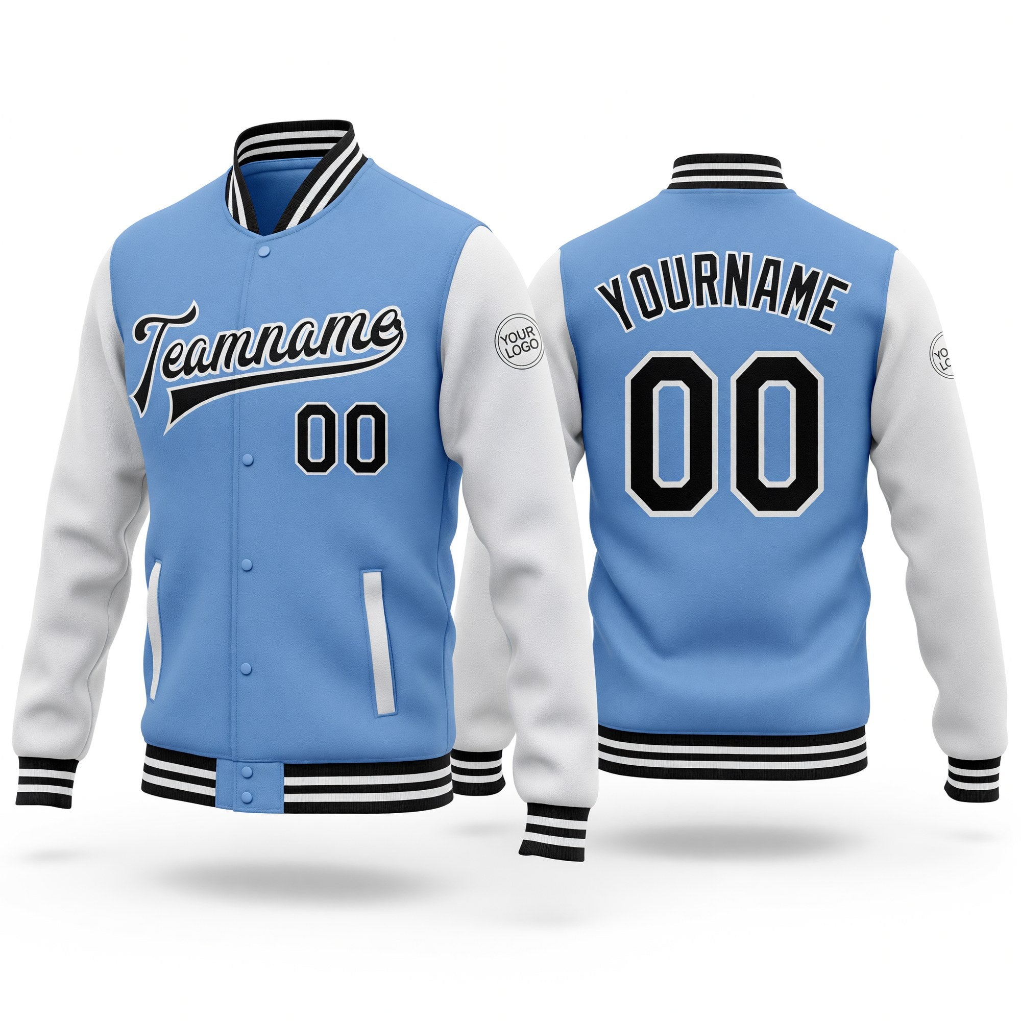 Custom Light Blue Black-White Bomber Full-Snap Varsity Letterman Two Tone Jacket