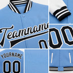 Custom Light Blue Black-White Bomber Full-Snap Varsity Letterman Two Tone Jacket detail